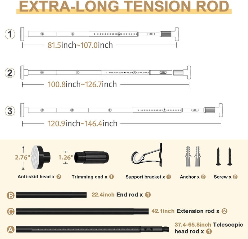 ZipGlo Black Tension Curtain Rod 41-146In(4-12Ft), Extra Long Outdoor Curtain Rod No Drilling for Window or Bathroom Patio, Adjustable Spring Shower Rod,Rod Diameter 1.26In(2Pack) - Image 2
